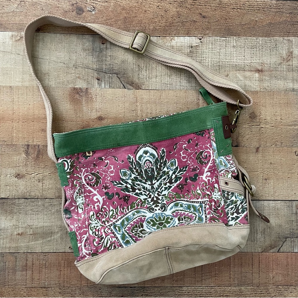 Lucky Brand Floral Bohemian Large Tote Canvas Suede Trim